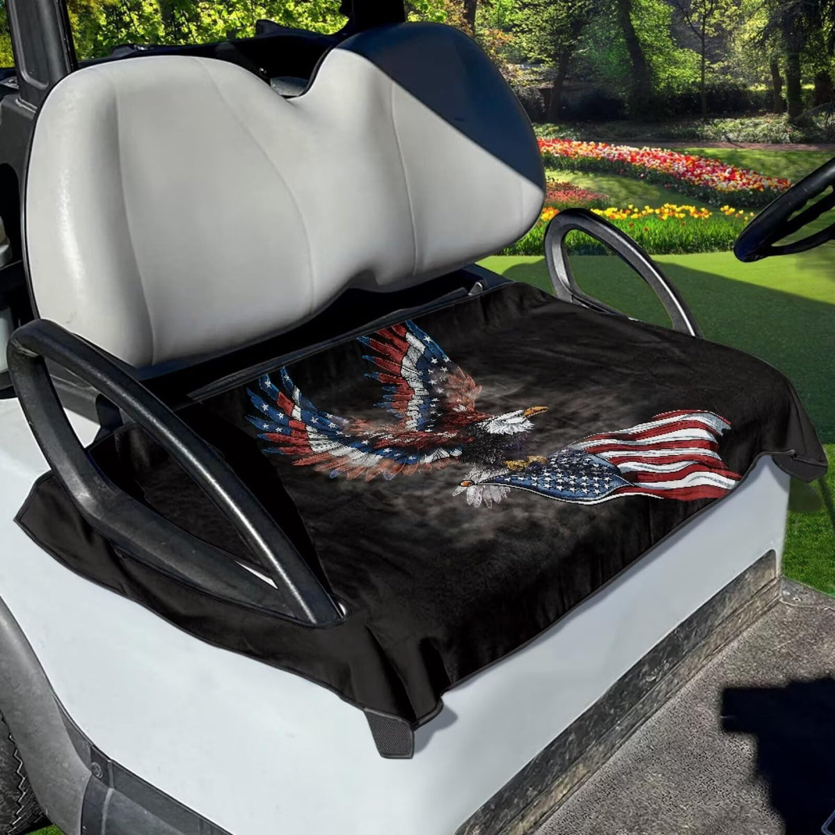 Knextrepoy Eagle seat covers for two seats provide a secure fit on a golf cart.
