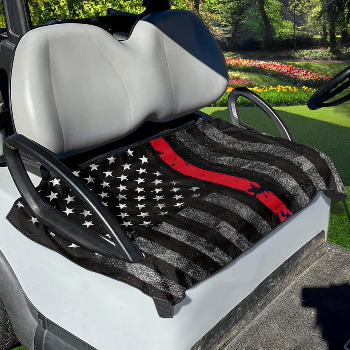 Knextrepoy firefighter flags seat cover precut holes for cart handles.