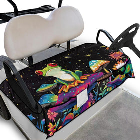 Knextrepoy Frog Mushroom seat cover installed on a golf cart for protection