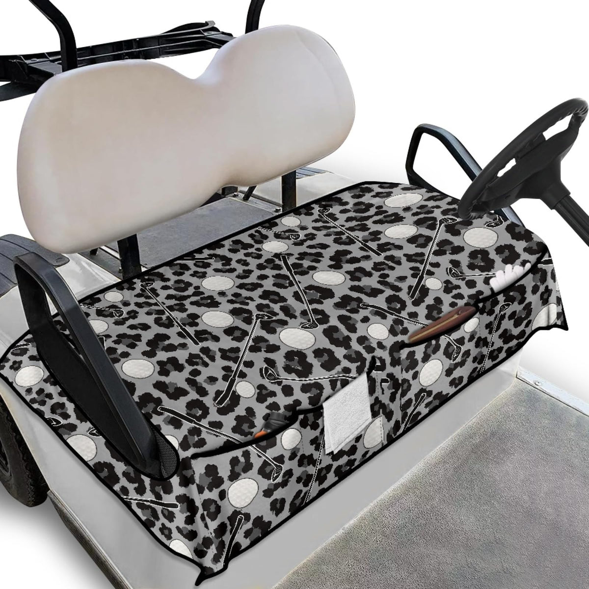 Knextrepoy golf cart seat cover in gray leopard print protects seats while adding style.
