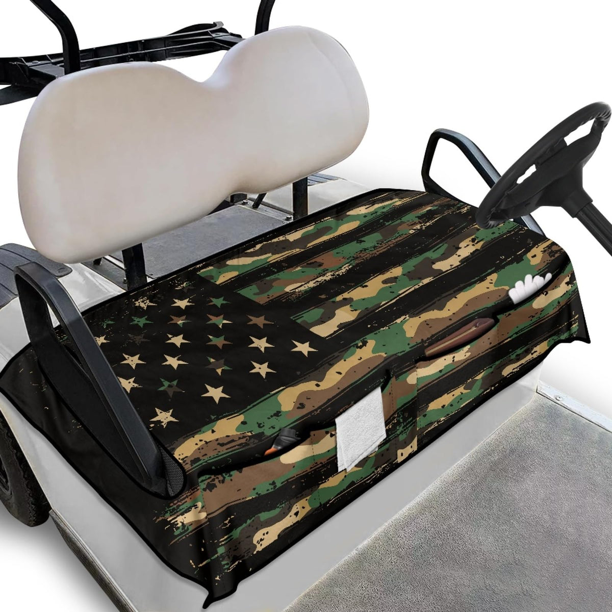 Knextrepoy green camo seat cover for two-seat golf carts protects seats.