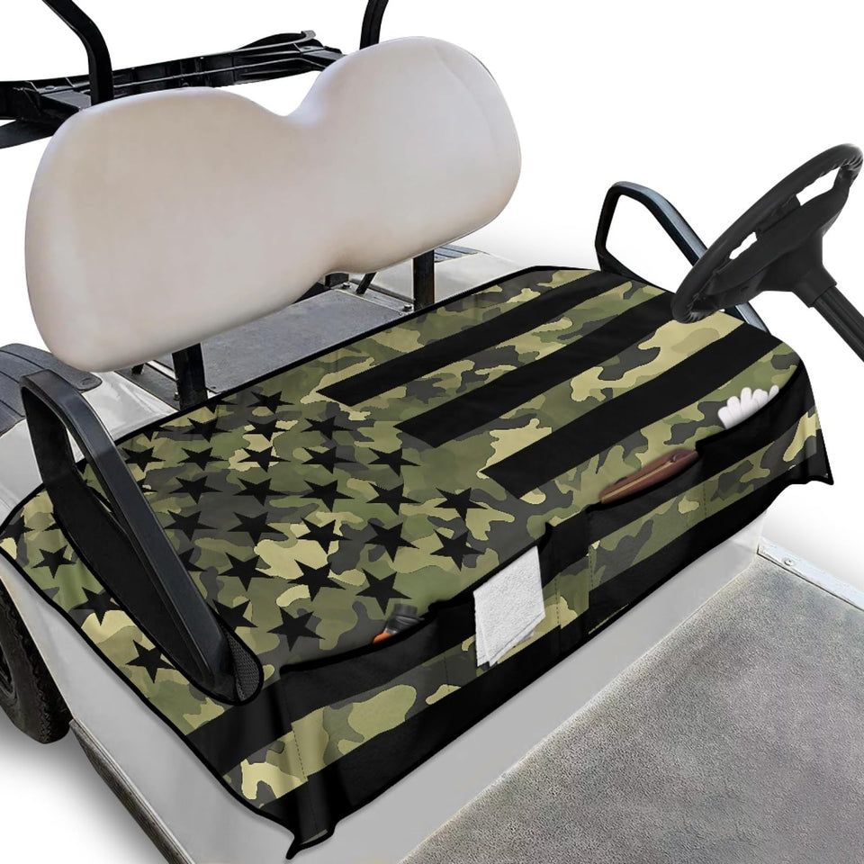 Knextrepoy green camo seat cover with American flag design and 4 pockets for storage.