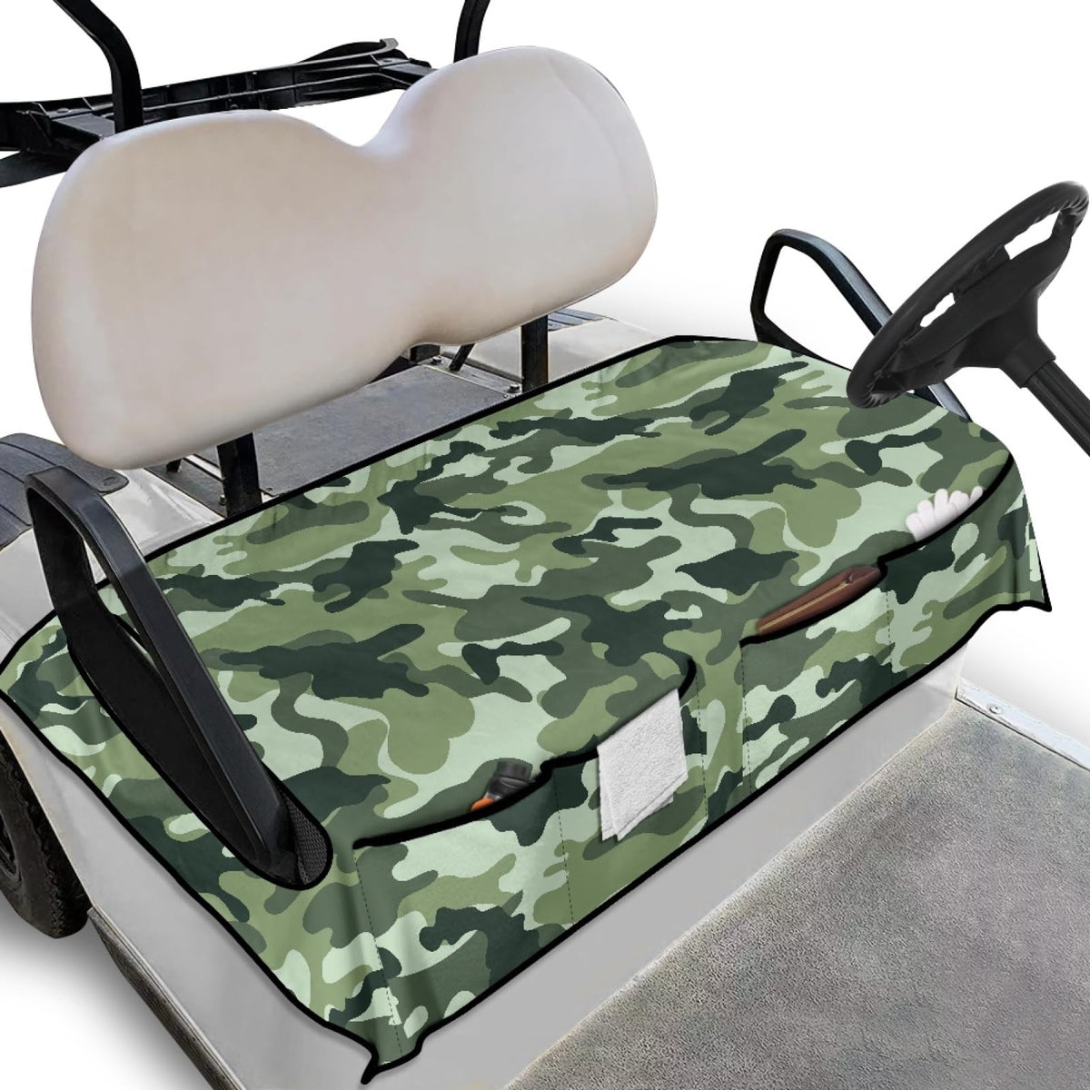 Knextrepoy green camo seat cover for two seats protects and hides wear while on the go.