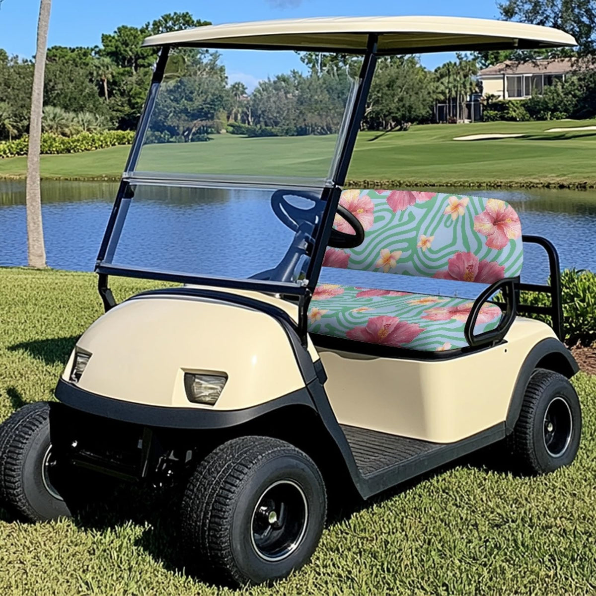 Knextrepoy Hibiscus golf cart seat cover backrest closeup with secure edges