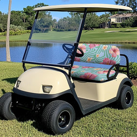 Knextrepoy Hibiscus golf cart seat cover backrest closeup with secure edges