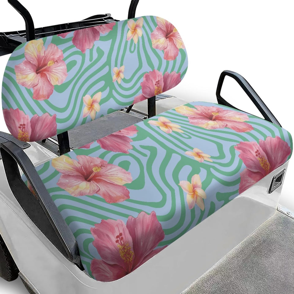 Knextrepoy Hibiscus golf cart seat cover bench closeup showing snug fit and grip
