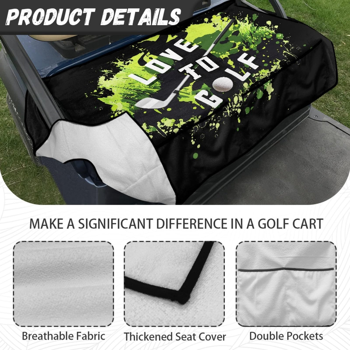 Knextrepoy Love to Golf seat cover green easy install, one-step fit.