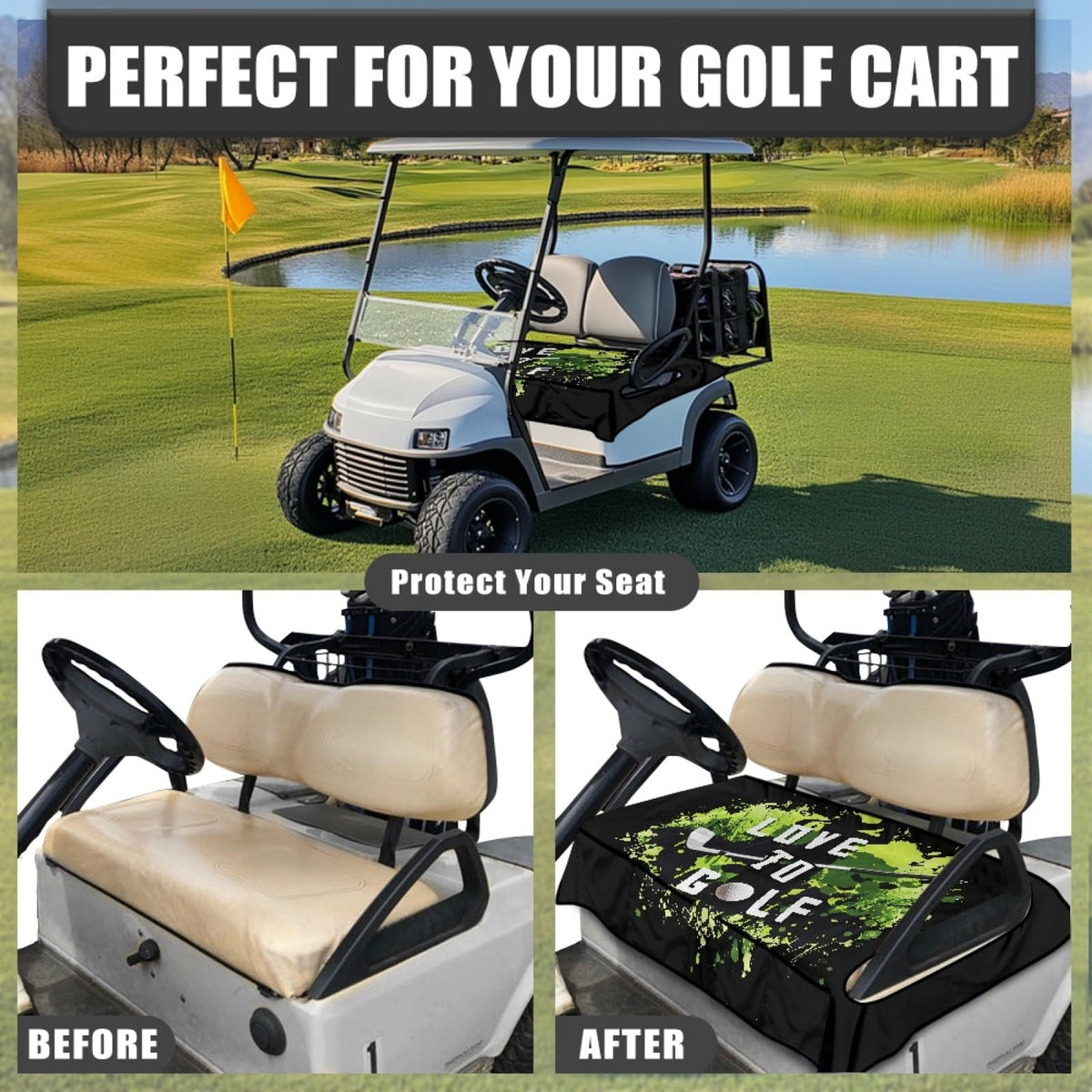 Knextrepoy Love to Golf seat cover green universal fit for two-person carts.