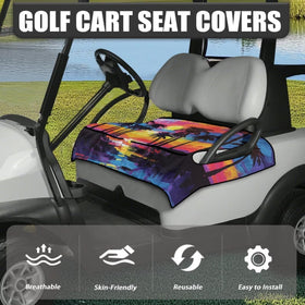 Knextrepoy palm tree seat cover back view shows secure fit on two-seat carts.