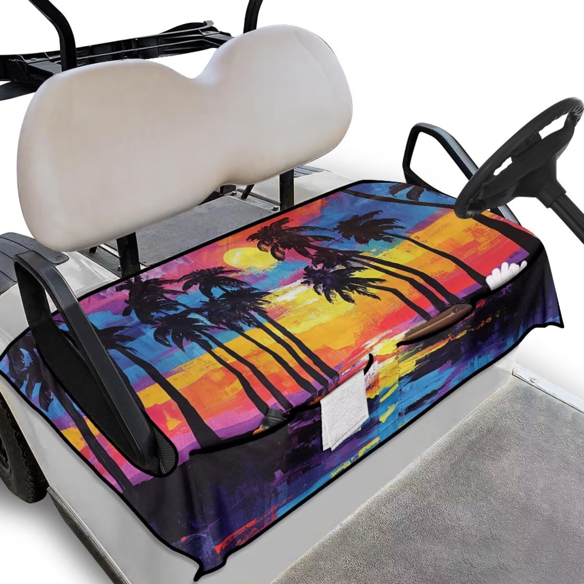 Knextrepoy palm tree seat cover front view with pockets offers organized essentials for golf rounds.