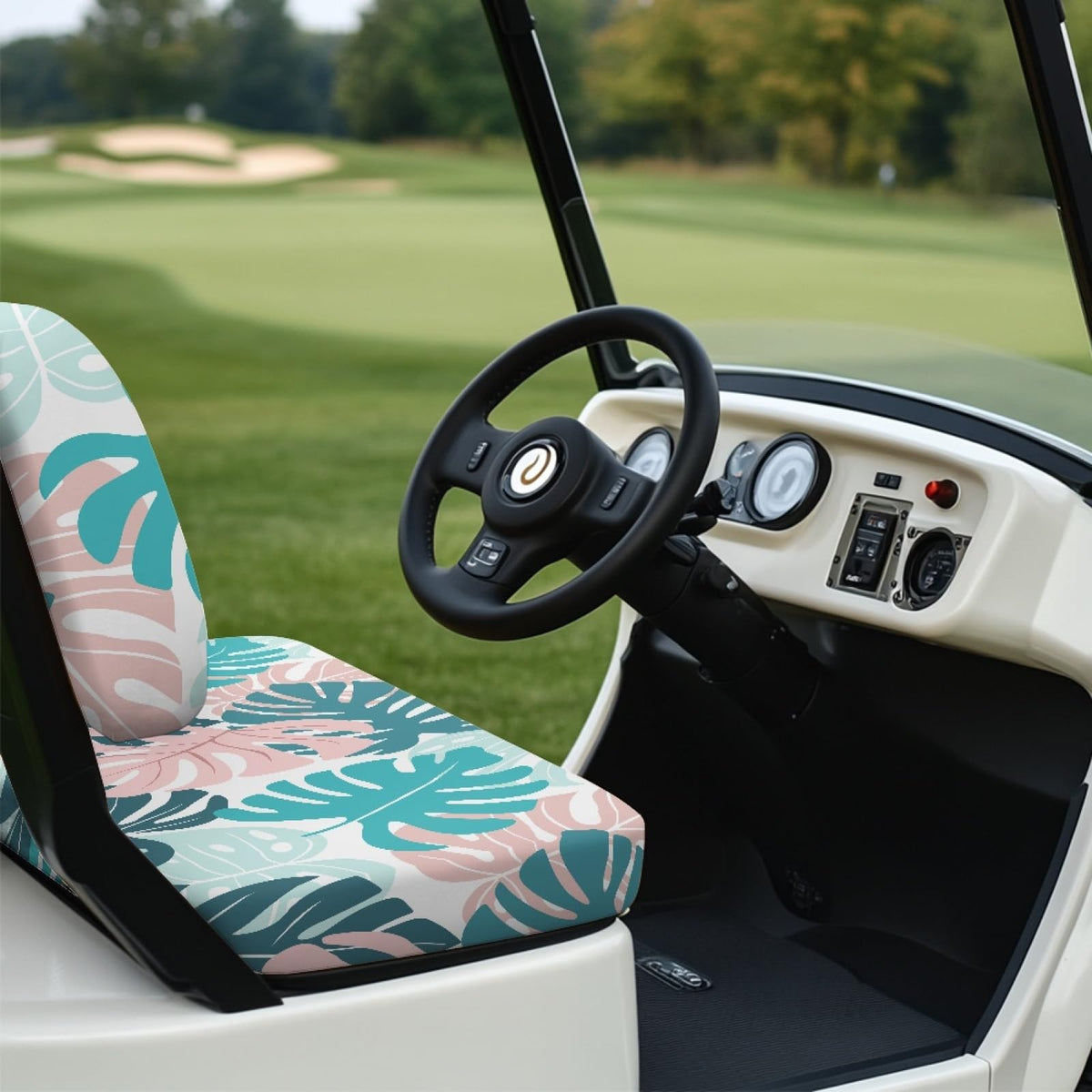 Knextrepoy patterned golf cart seat cover highlights tropical vibe and durability.