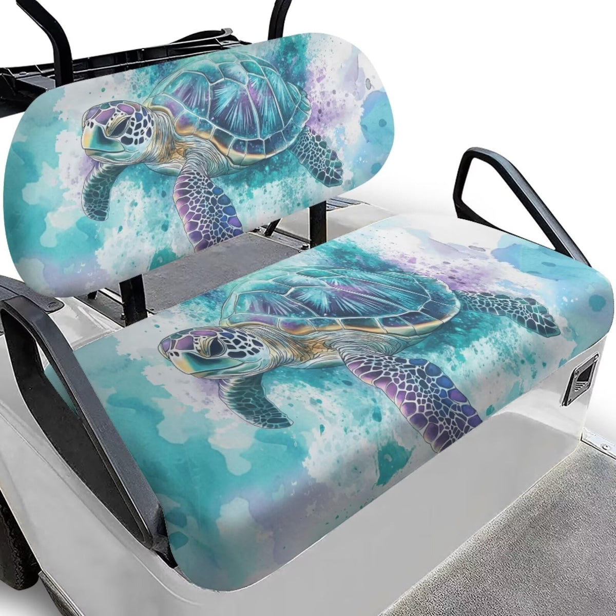 Knextrepoy sea turtle backrest cover on golf cart showing durable fit