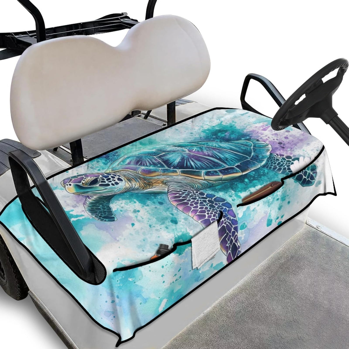 Knextrepoy sea turtle seat cover mounted on a Club Car for durable seat protection.