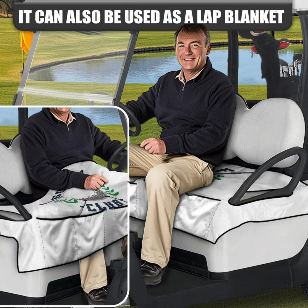 Front pockets of the Knextrepoy seat cover holding sunglasses and bottle
