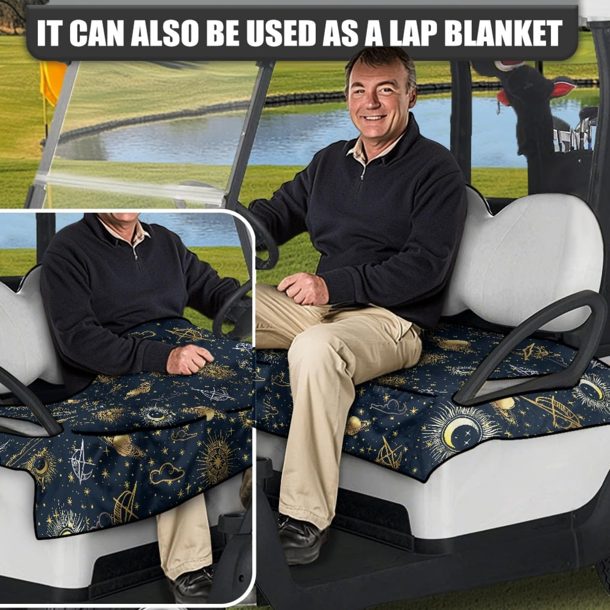Knextrepoy seat cover showing front pockets ideal for sunglasses and water bottle.