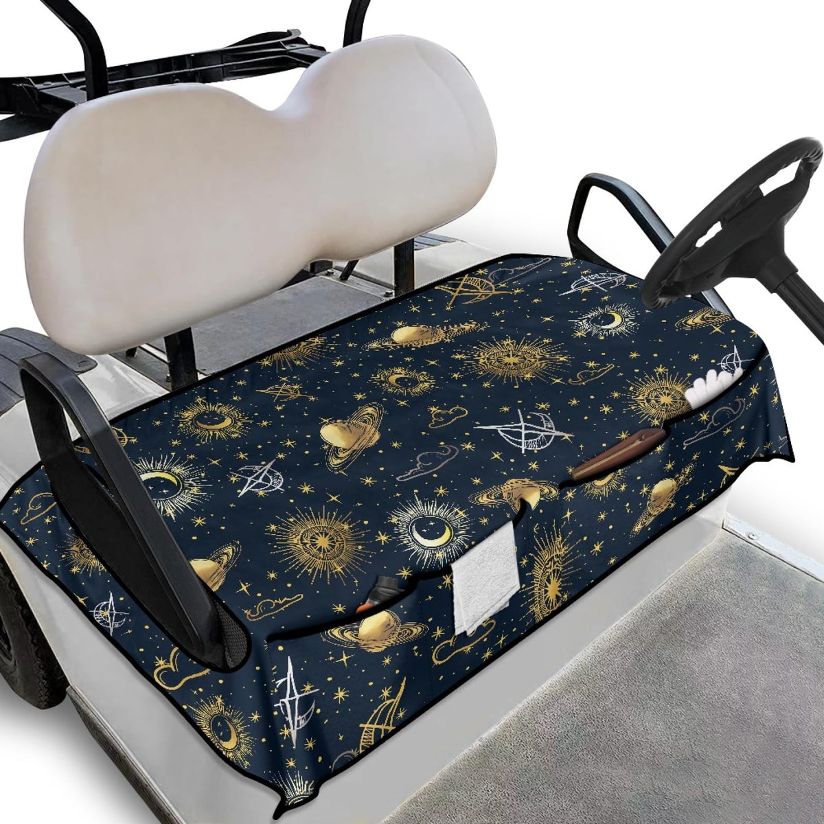 Knextrepoy Sun and Moon seat cover in blue with a soft, breathable feel and pocket layout for organization.