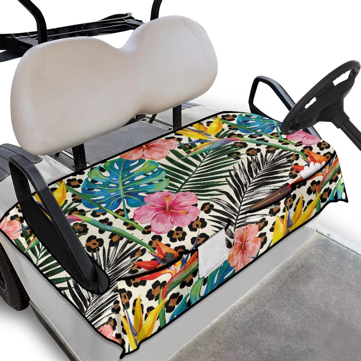 Knextrepoy tropical hibiscus leopard seat cover on a 2-person golf cart for style and protection