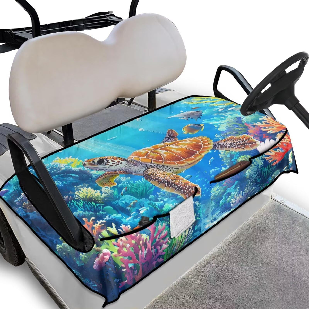 Knextrepoy Tropical Turtle seat cover on universal fit provides all-season seat protection