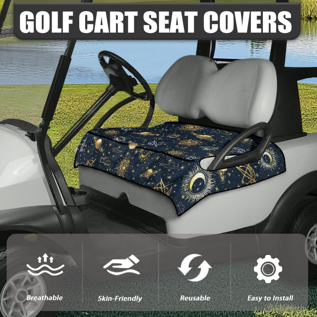 Knextrepoy universal two‑person seat cover fitting most carts with armrests.