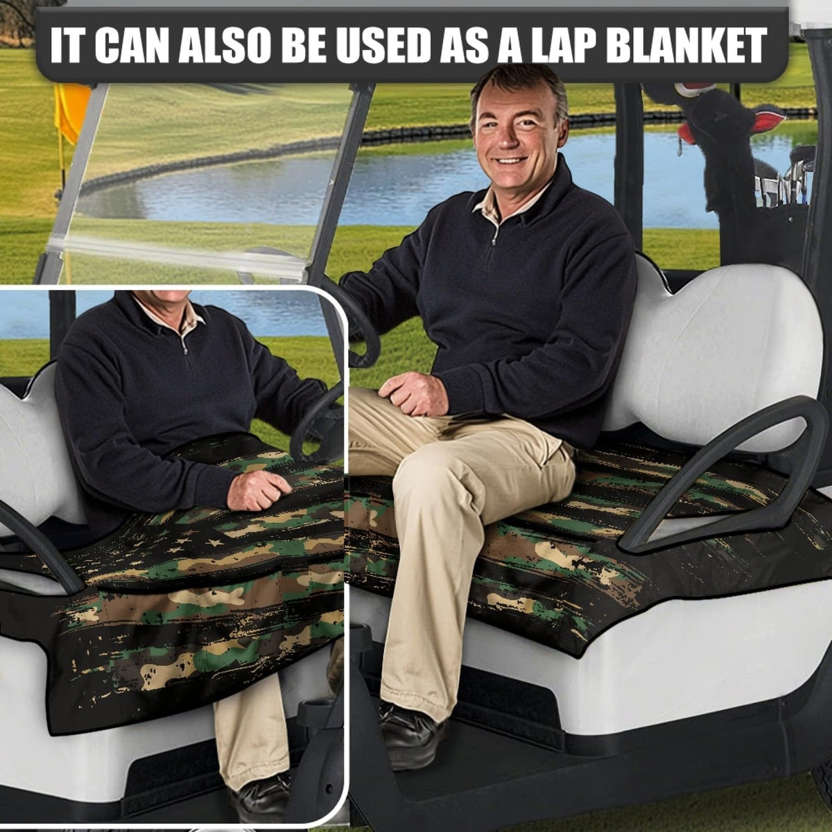 Knextrepoy universal-fit golf cart blanket with pockets for organization.