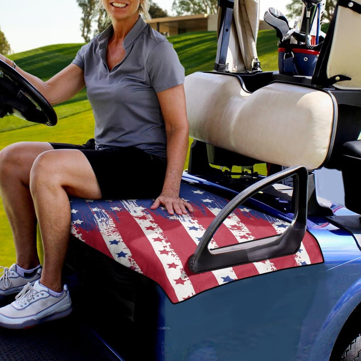 Knextrepoy universal-fit golf cart seat cover fits most two-seat carts with armrests.