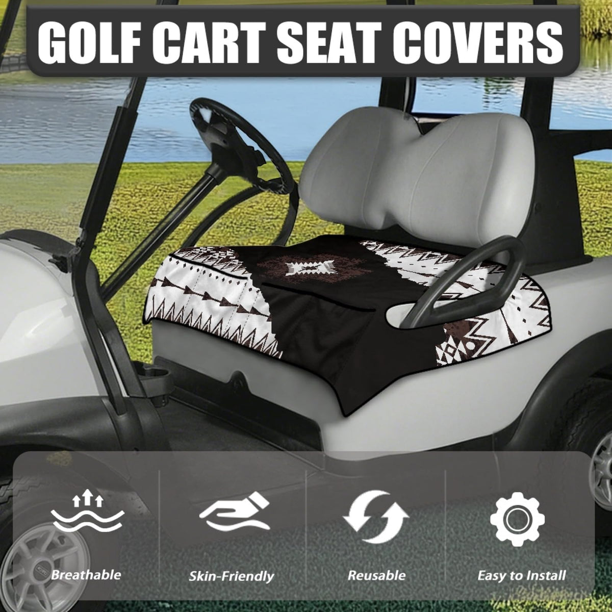 Universal-fit two-person seat cover from Knextrepoy covers most golf cart seats.