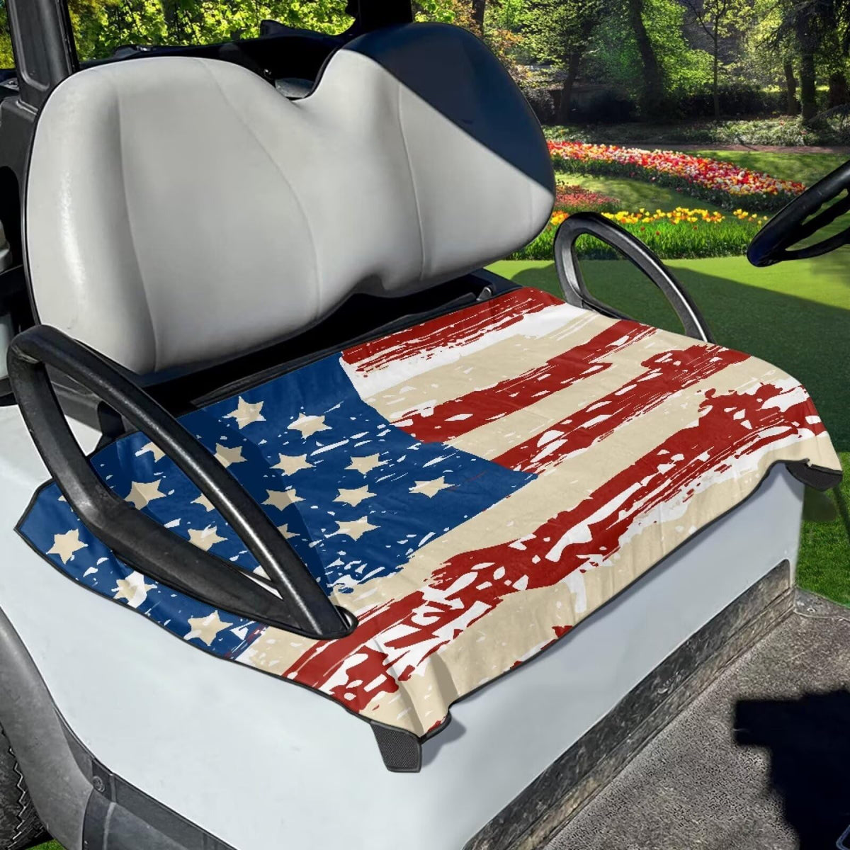 Knextrepoy Vintage Flag Seat Cover front view shows durable protection and patriotic style.
