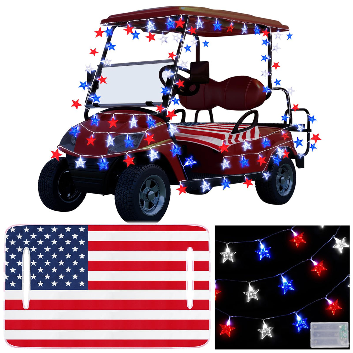 Knitgrip seat cover with flag design enhances golf cart aesthetics for patriotic gatherings.