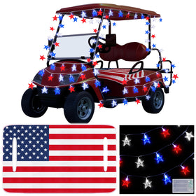 Knitgrip seat cover with flag design enhances golf cart aesthetics for patriotic gatherings.