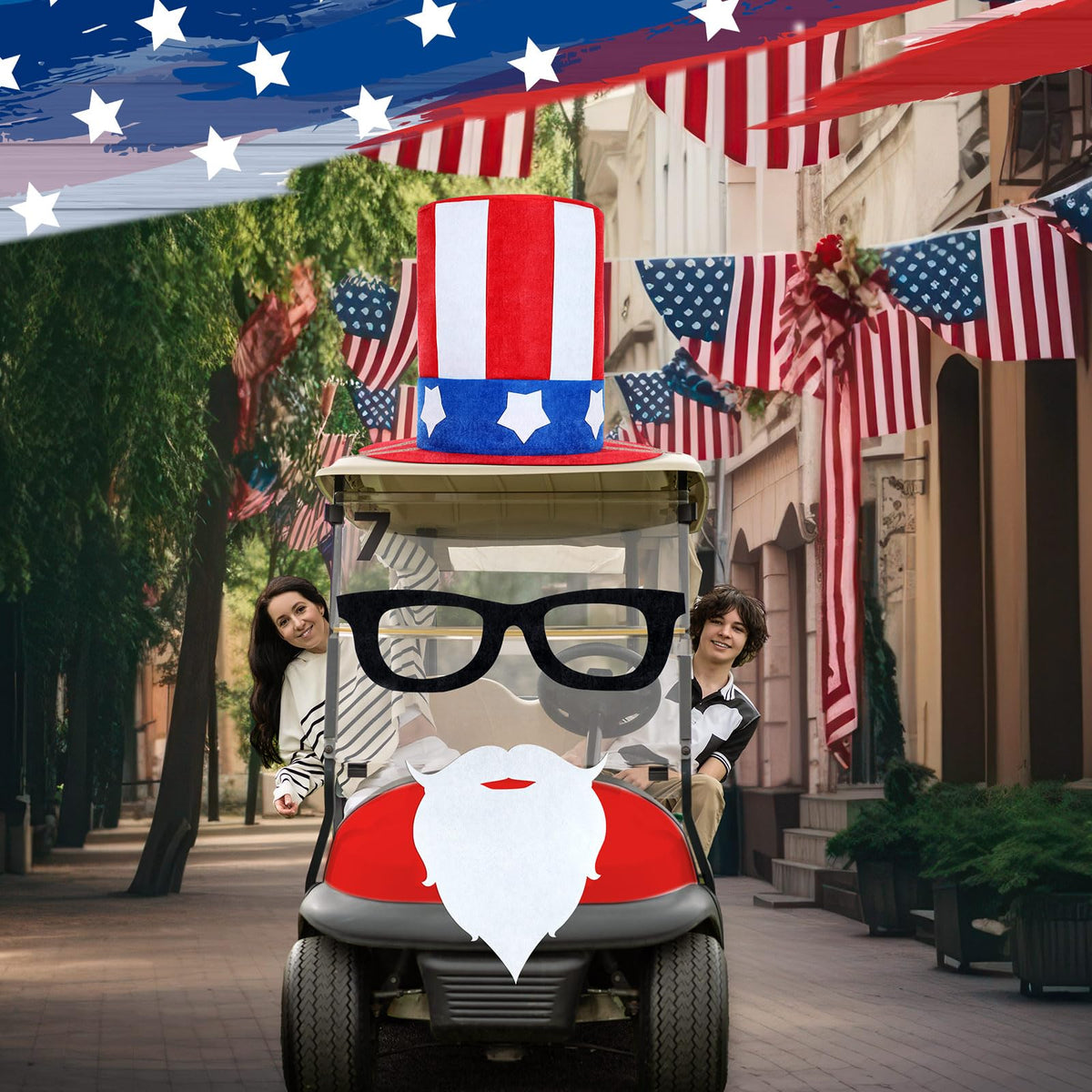Knitgrip patriotic cart decor suits Independence Day celebrations.