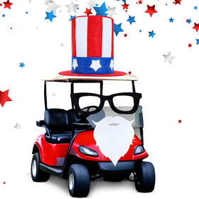 Knitgrip patriotic top hat on golf cart boosts parade visibility.
