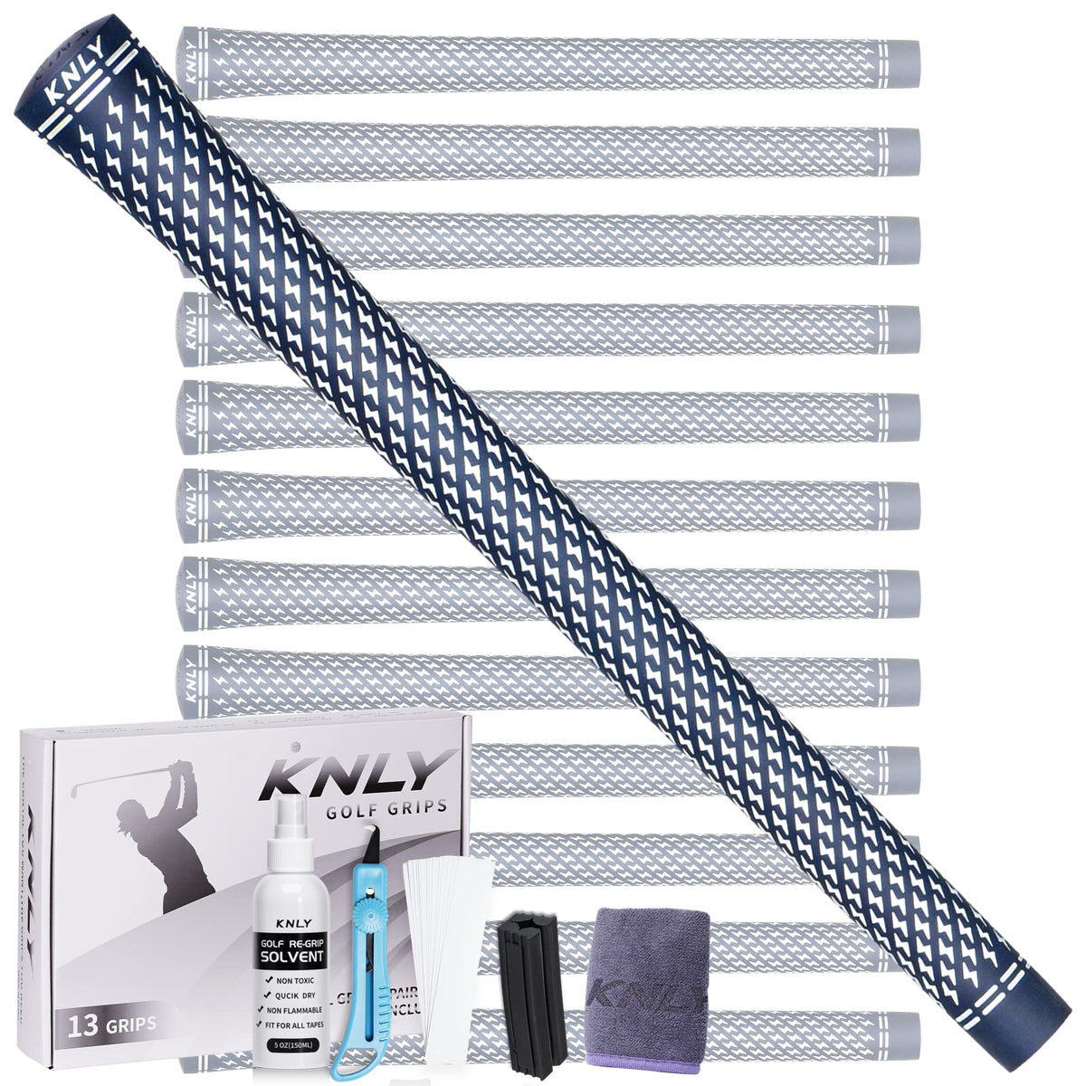 KNLY 360 Golf Grips Pro Kit front view shows easy re-gripping across clubs.