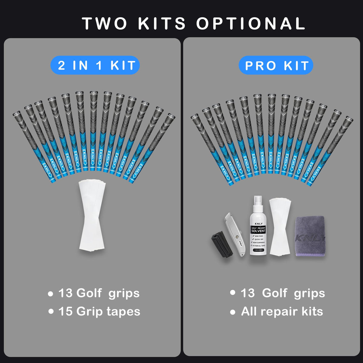 Grip set shown with repair tapes for easy maintenance after wear.