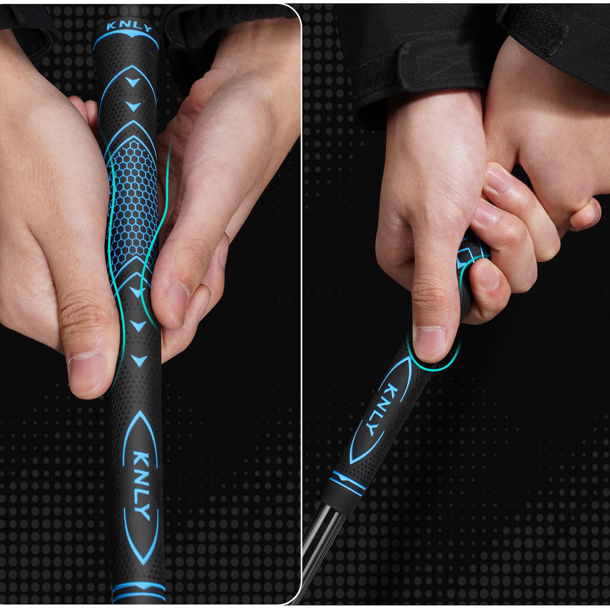 KNLY Golf Grips 13-pack showing high-traction surface and user feedback.