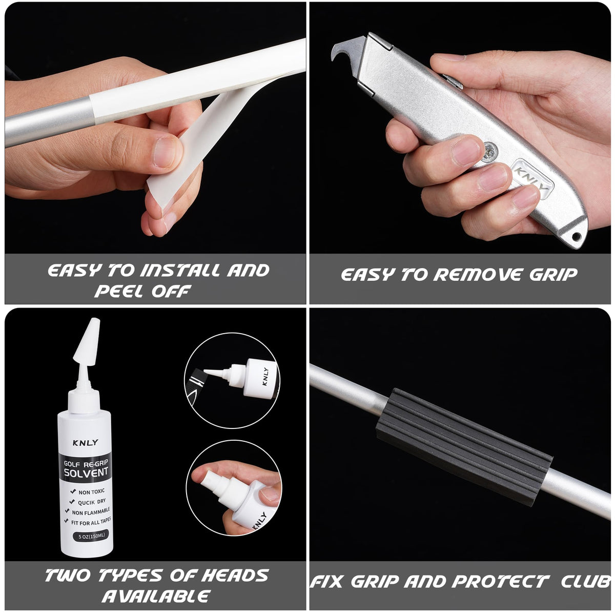 KNLY golf grips tape and kit close-up, enabling quick install and reliable repair.