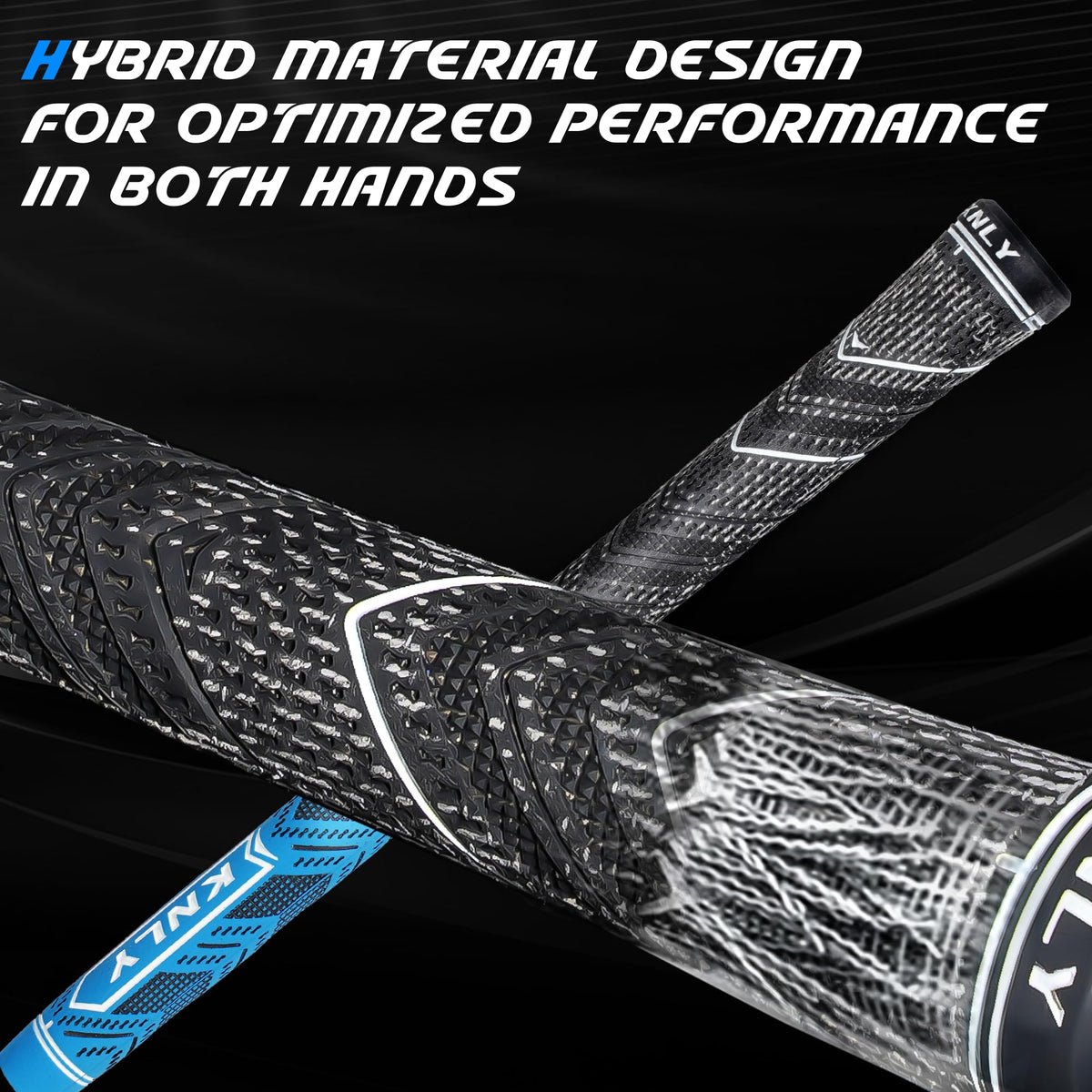 KNLY Hybrid golf grips blue midsize grips arranged for a comfortable hold