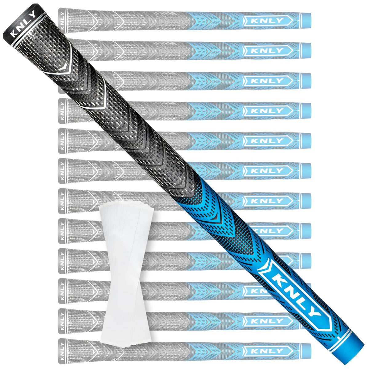 KNLY Hybrid golf grips blue pack on clubs for reliable all-weather grip.