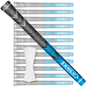 KNLY Hybrid golf grips blue pack on clubs for reliable all-weather grip.