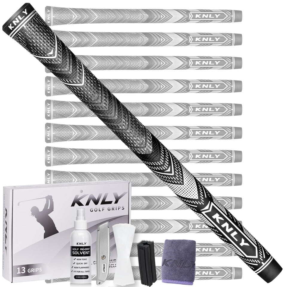 KNLY Hybrid Golf Grips Set package shows 13 grips and tools for easy regripping
