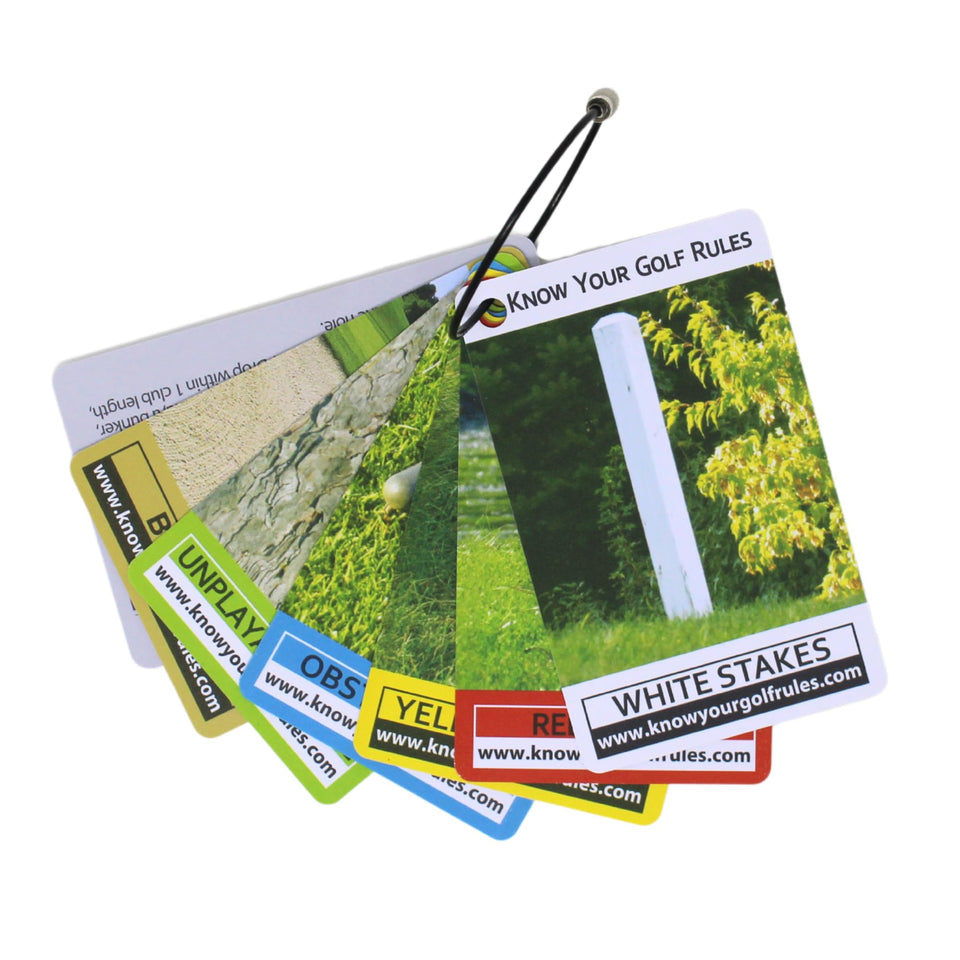 Know Your Golf Rules rule tags bag attachment for quick rule reference on course.