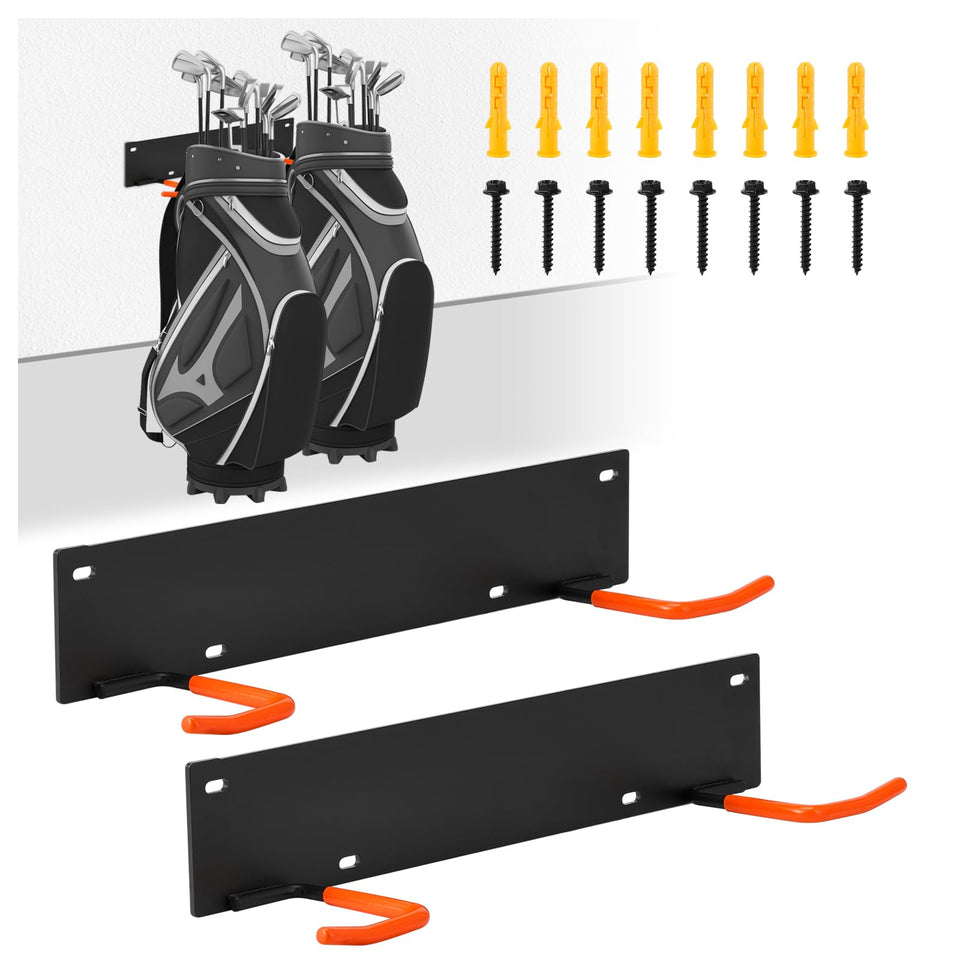 Koalafast wall mount holding two golf bags, showcasing compact garage storage potential