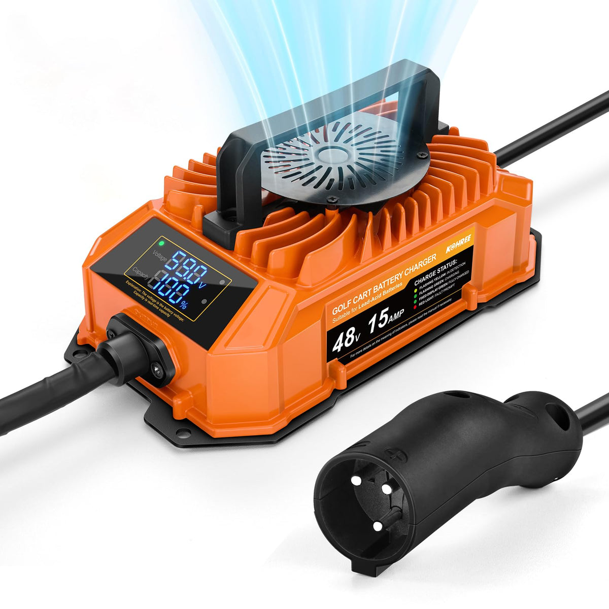 Kohree golf cart charger 48V-15A LED display provides real-time status.