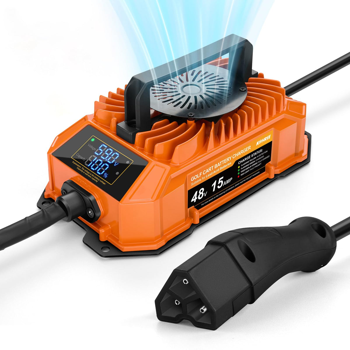 Kohree golf cart charger real-time display shows voltage and progress.