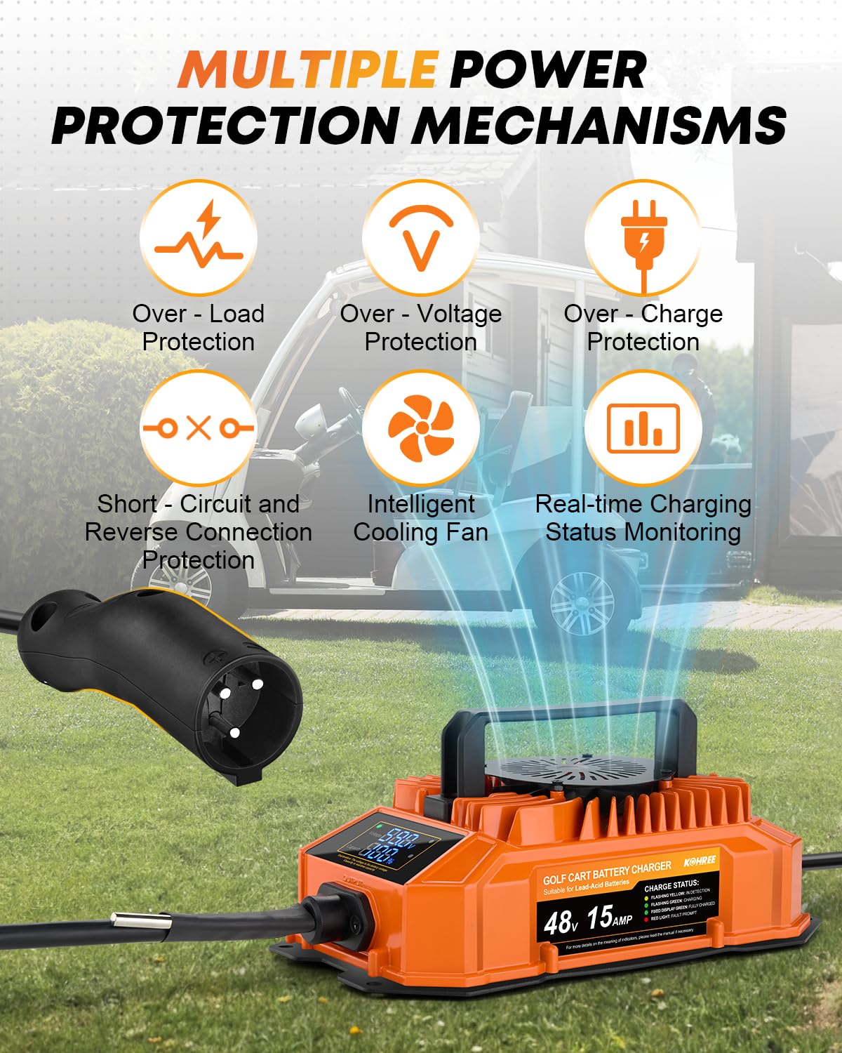 Kohree lightweight charger with ergonomic handle for easy transport on the course.