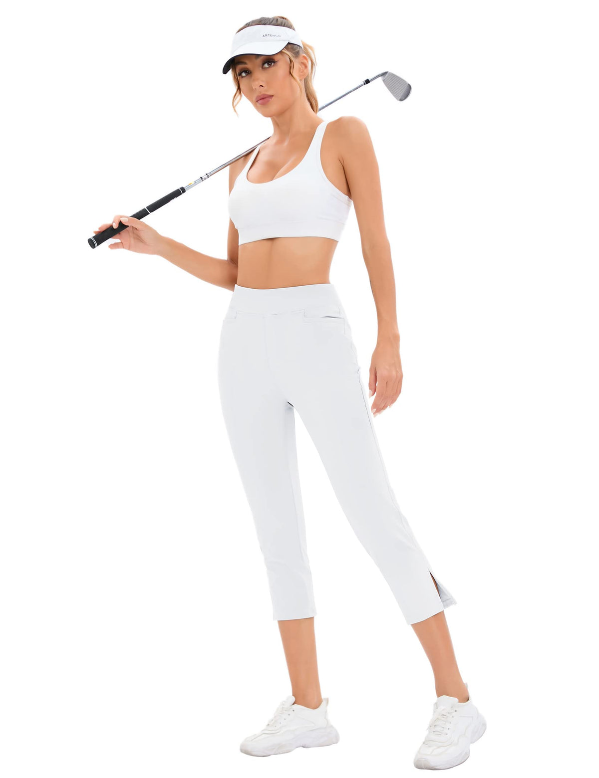 KOJOOIN women's golf pants capri-length view, crisp white color and versatile workwear.