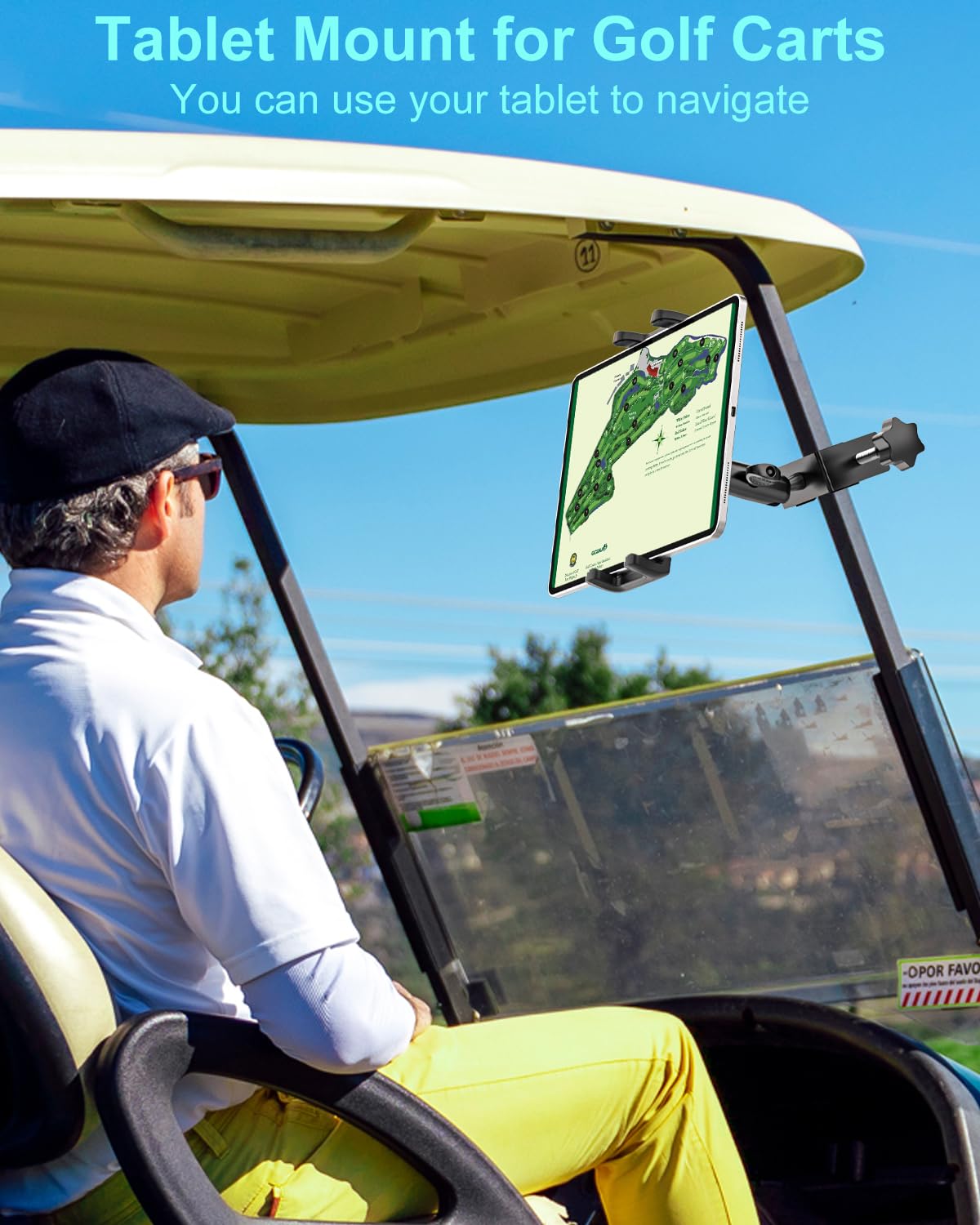 Kolasels golf cart iPad holder with 360-degree adjustment offers flexible viewing from any seat