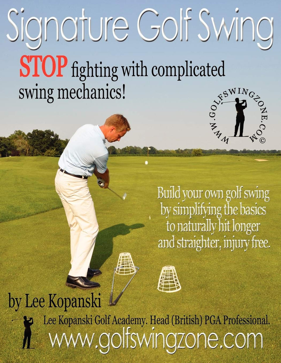 Kopanski Signature Golf Swing book cover—illustrates simpler swing mechanics for longer, straighter shots.