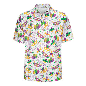 Kosgraiy Mardi Gras polo shirt front view with festive beads for event-ready style.