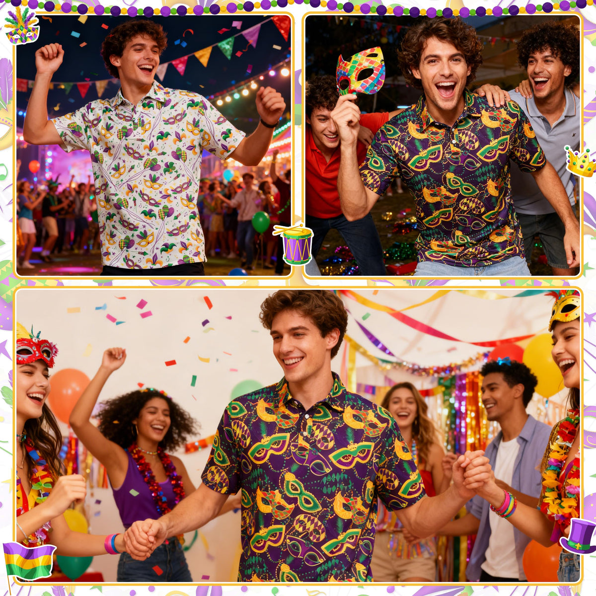 Kosgraiy Mardi Gras polo shirt side view showing colorful beads pattern.