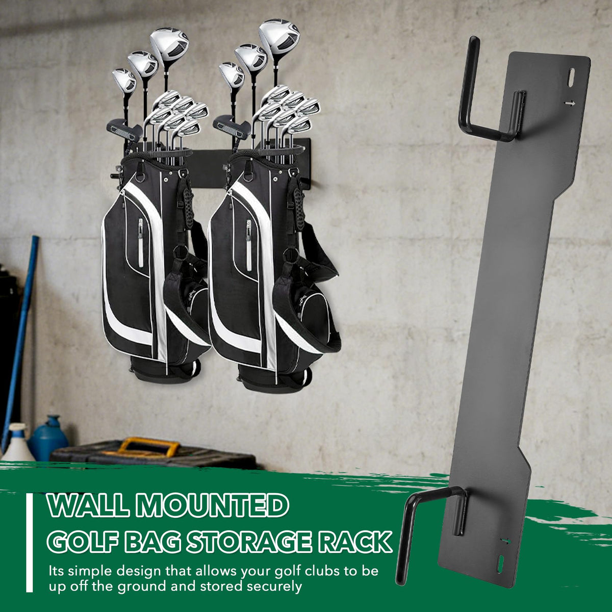 Krimocy golf bag storage rack secured to wall with rubber-coated grips for bag protection.